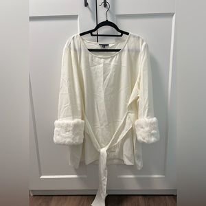 White blouse with long fur sleeves with Knot, White blouse, Fall Fashion